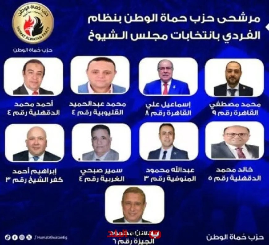 “بعد انتهاء فترة الترشح، حزب حماة الوطن يكشف عن قائمة مرشحيه للمقاعد الفردية في انتخابات الشيوخ 2025”